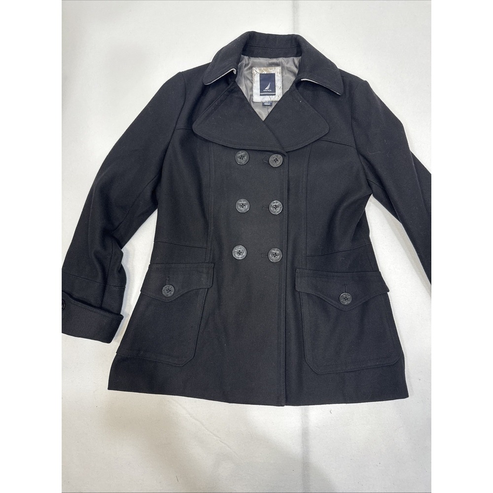 Nautica Women's Size 16 Black Winter Coat Lined Pea Jacket 60% Wool Blend